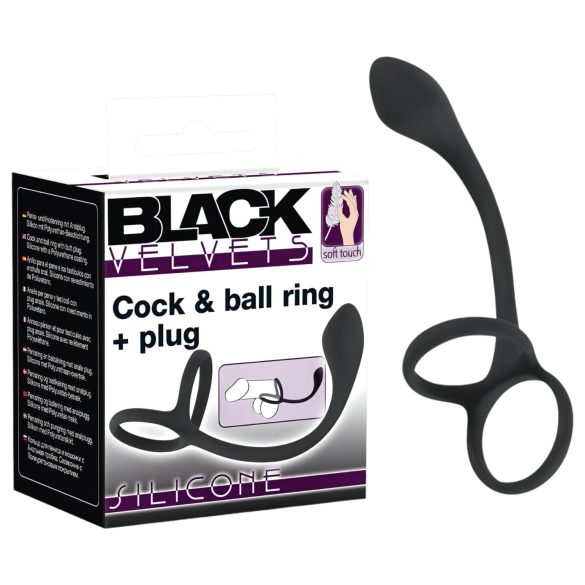 Black Velvet: Tynn anal dildo med penis- og testikkelring (svart)
