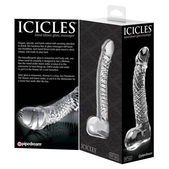 Icicles nr. 61 - glassdildo med pung og penis (gjennomsiktig)