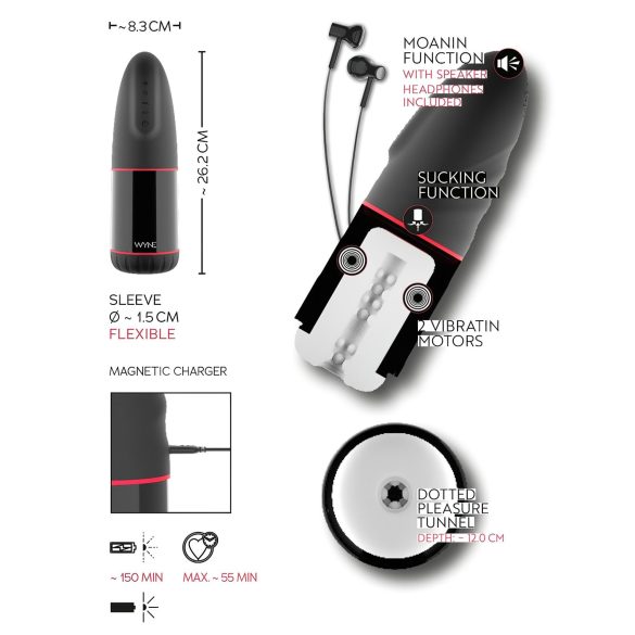 WYNE 02 - laderbar masturbator med vibrasjon og sugeeffekt (svart-hvitt)