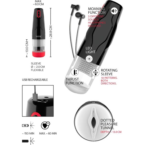 WYNE 05 - oppladbar, roterende masturbator (svart-hvit)