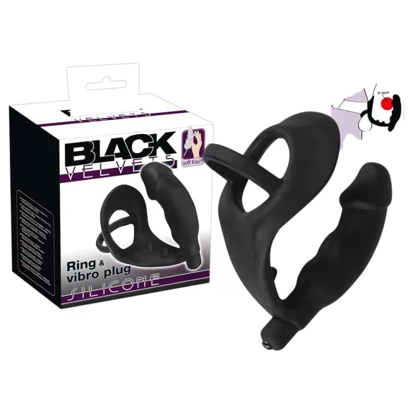 Svart Fløyel - Vibrator med peniskrans og analring (svart)