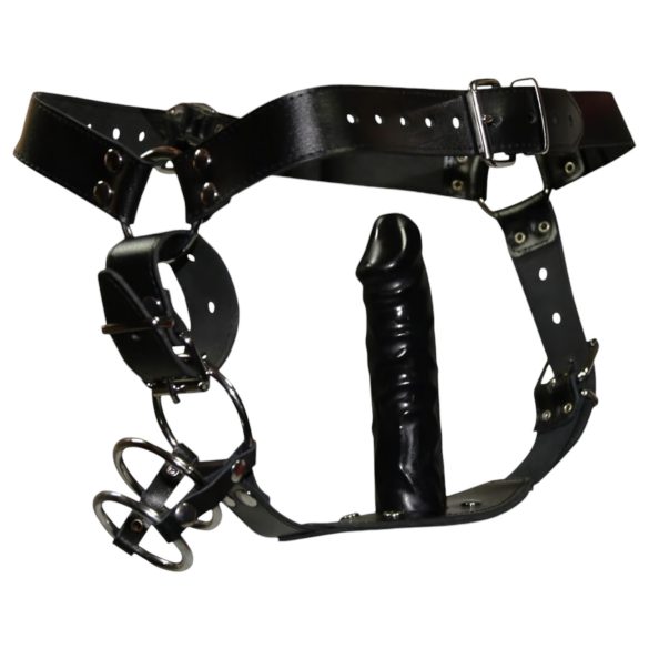 ZADO - Lær-tanga med dildo og 3 penisringer - L/XL