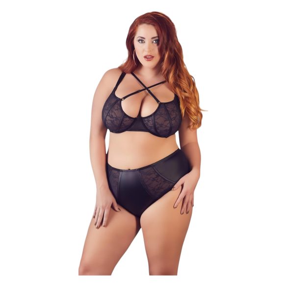 Cottelli Plus Size - Kryss-stroppet BH og truse (svart) - 85E/L