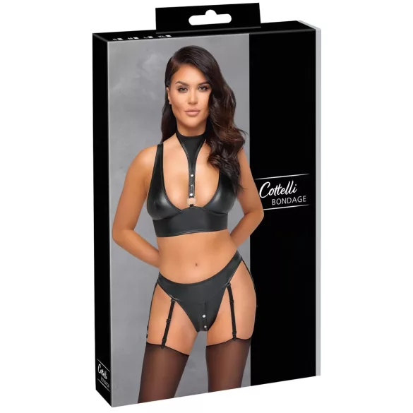Cottelli Bondage - Glanset bh-sett med håndjern (svart) - M
