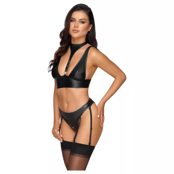 Cottelli Bondage - Glanset bh-sett med håndjern (svart) - M