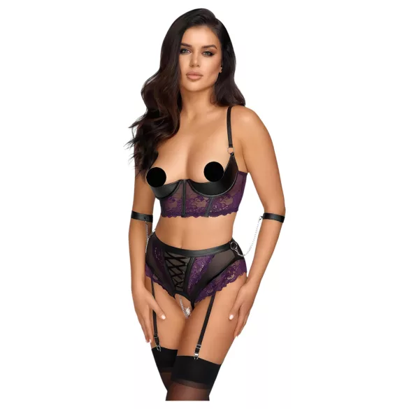 Cottelli Bondage - BH-sett og håndjern (svart-lilla) - M