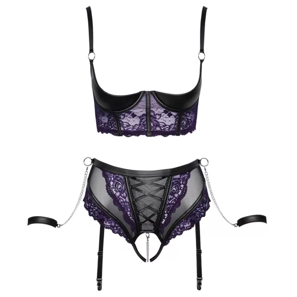 Cottelli Bondage - BH-sett og håndjern (svart-lilla) - XL