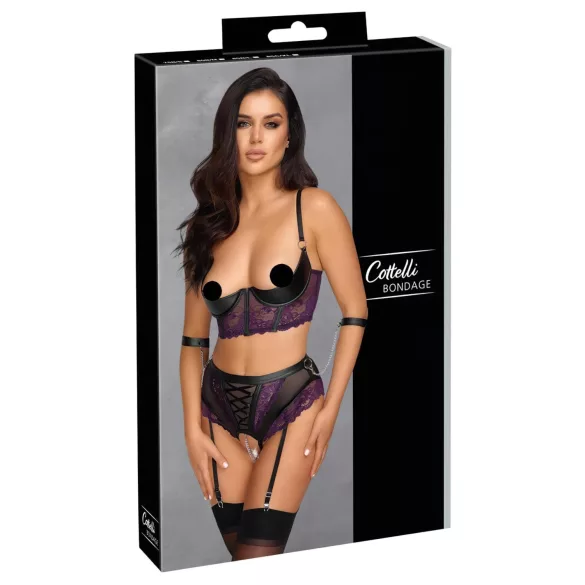 Cottelli Bondage - BH-sett og håndjern (svart-lilla) - XL