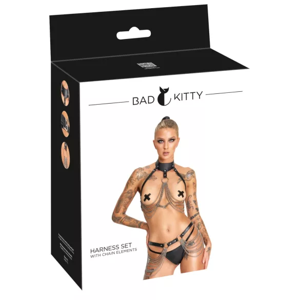 Bad Kitty - 3-delt sele-sett med bryst- og hoftestropper - svart (S-L)