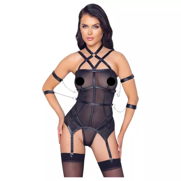 Cottelli Bondage - stroppetopp, håndmansjetter og stringtruse (svart) - M