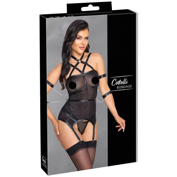 Cottelli Bondage - stroppetopp, håndmansjetter og stringtruse (svart) - L