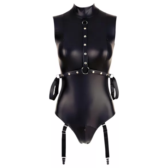 Cottelli Bondage - Glansbody med håndmansjetter (svart) - M
