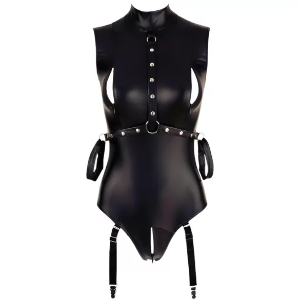Cottelli Bondage - Glansbody med håndmansjetter (svart) - M