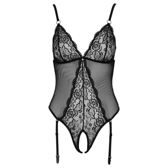 Cottelli - Åpen body i blonder med strømpebånd (svart)