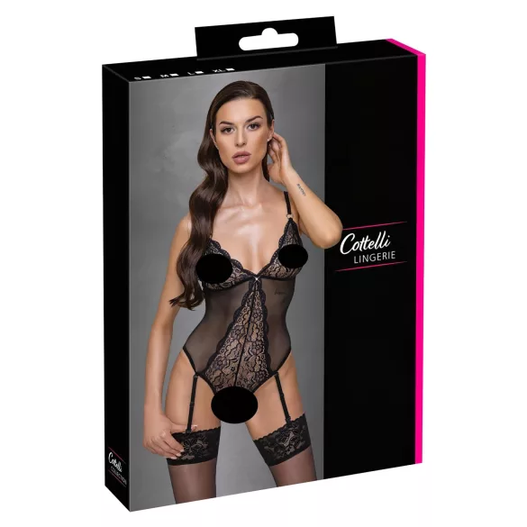 Cottelli - Åpen body i blonder med strømpebånd (svart) - XL