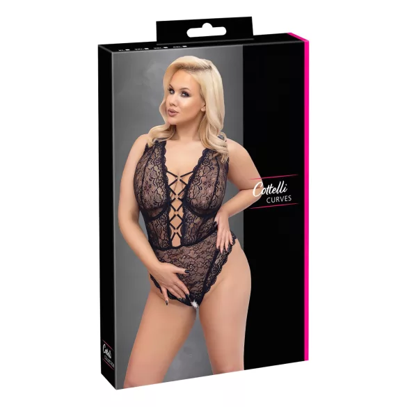 Cottelli Curves Plus Size - Gjennomsiktig mønsterbody (svart)