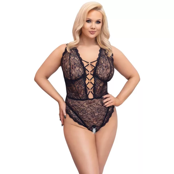 Cottelli Curves Plus Size - Gjennomsiktig mønsterbody (svart)