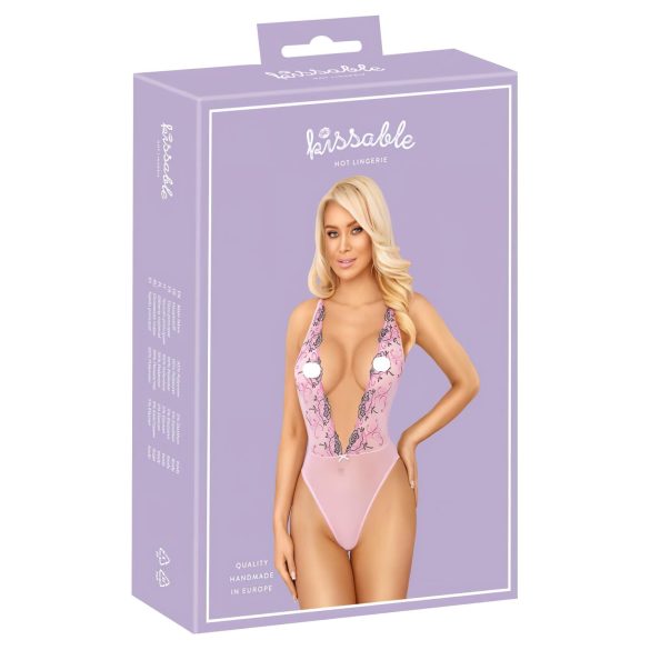 Kyssbar - body med rosebroderi (rosa) - L/XL