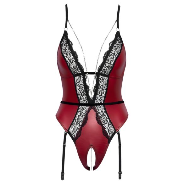 Abierta Fina - åpen body med strømpebånd (svart-rød) - M