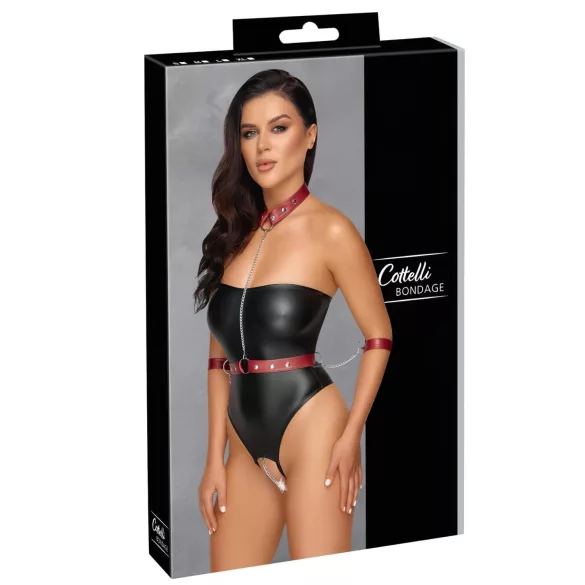 Cottelli Bondage - skinnende body og håndfester (svart) - L