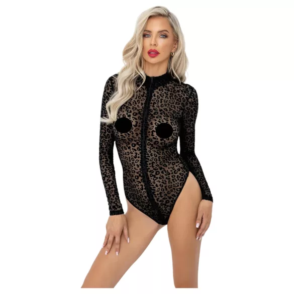 Noir - leopardmønstret, langermet body (svart)