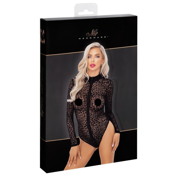 Noir - Leopard Print Long Sleeve Bodysuit (Black) - M