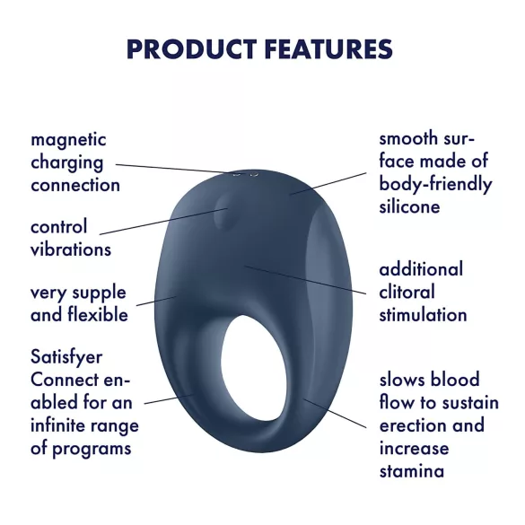 Satisfyer Strong One - App-styrt vibrasjonsring for penis, for menn (blå)