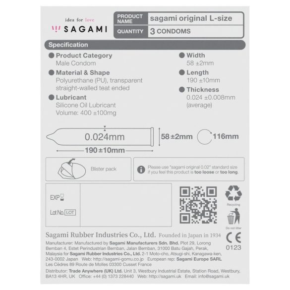 Sagami Original 0,02 L - kondom - 58mm (3 stk)