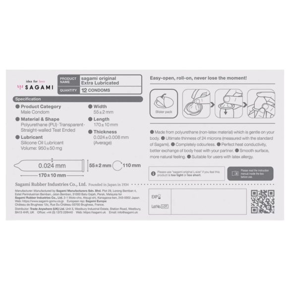 Sagami Original 0.02 - ekstra glidemiddel kondom - 55mm (12 stk)