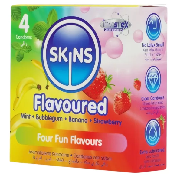 Skins - smaksatt kondom - mint, tyggegummi, banan, jordbær (4 stk)