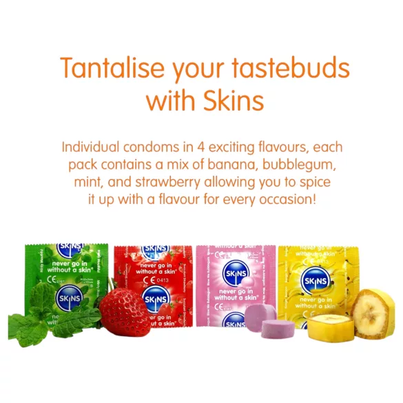 Skins - smaksatt kondom - mint, tyggegummi, banan, jordbær (4 stk)