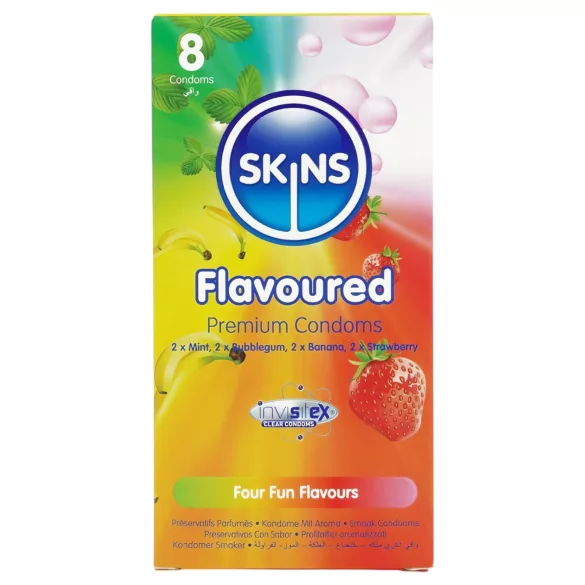 Skins - smakstilsatt kondom - mint, tyggegummi, banan, jordbær (8 stk)