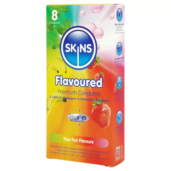 Skins - smakstilsatt kondom - mint, tyggegummi, banan, jordbær (8 stk)