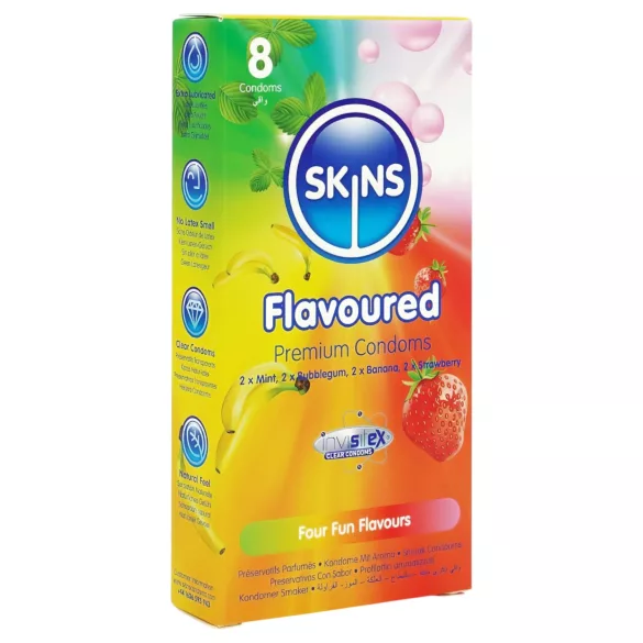 Skins - smakstilsatt kondom - mint, tyggegummi, banan, jordbær (8 stk)
