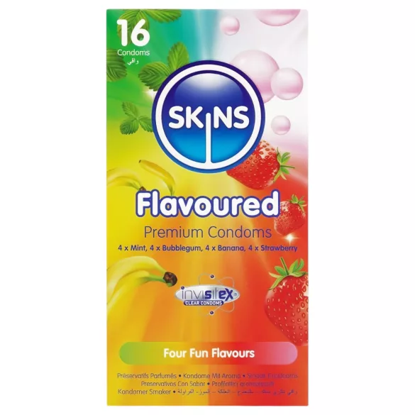 Skins - smaksatt kondom - mint, tyggis, banan, jordbær (16 stk)