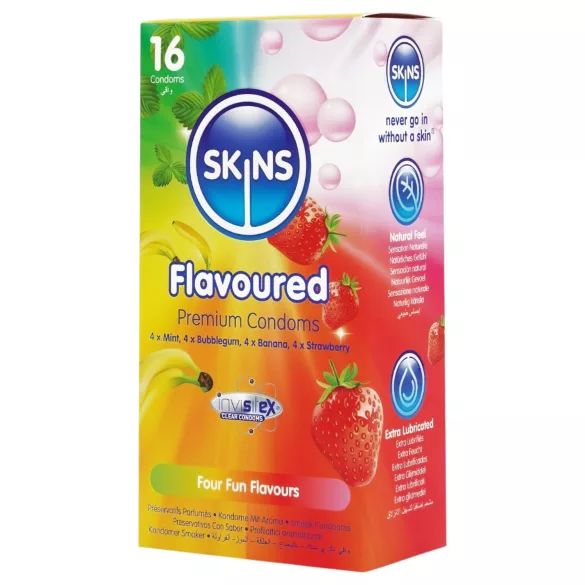 Skins - smaksatt kondom - mint, tyggis, banan, jordbær (16 stk)