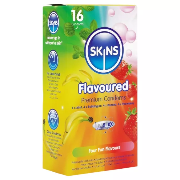 Skins - smaksatt kondom - mint, tyggis, banan, jordbær (16 stk)