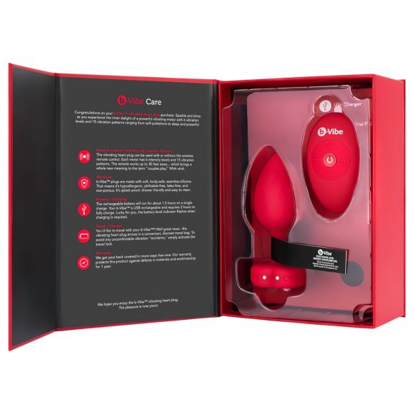 b-vibe hjerte - oppladbar, trådløs anal vibrator (rød)