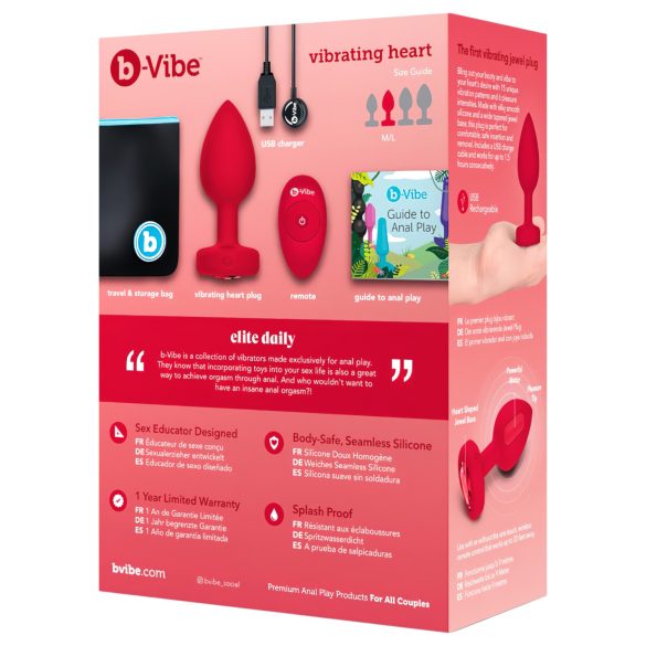 b-vibe hjerte - oppladbar, trådløs anal vibrator (rød)