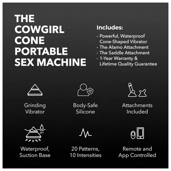 The Cowgirl Cone - app-styrt premium sexmaskin - med 2 utskiftbare tilbehør, 20 vibrasjonsmoduser (svart)