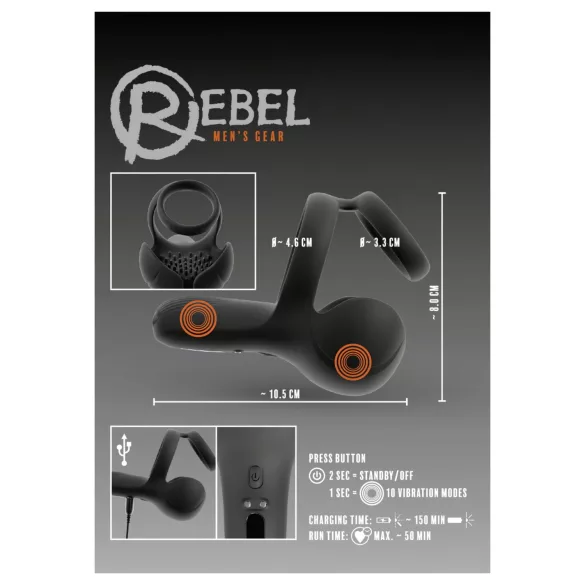 Rebel - vibrasjonsring for testikler og perineum (svart)