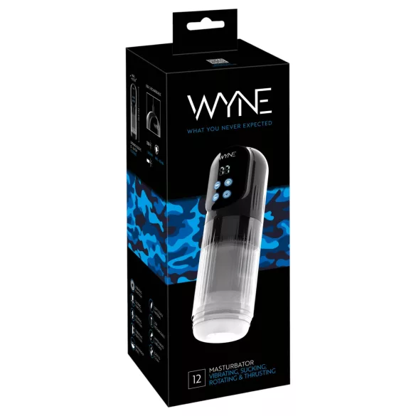 WYNE 12 - sugende, roterende og vibrerende oppladbar masturbator (svart)
