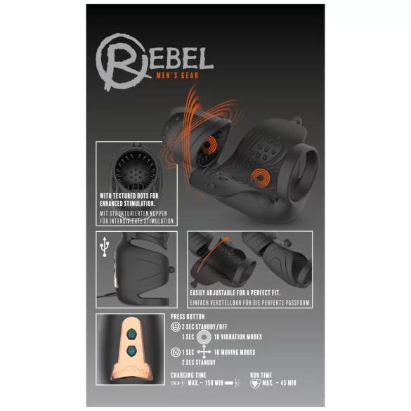 Rebel - penisvibrator for menn med bevegelig penishode-stimulator (svart)