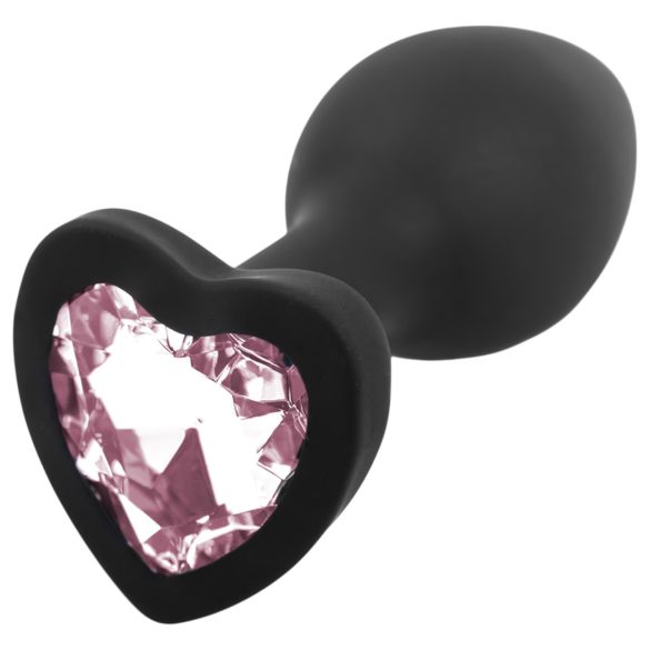 Sunfo - Silikon Analplugg med Hjerteformet Stein (Svart-Rosa)