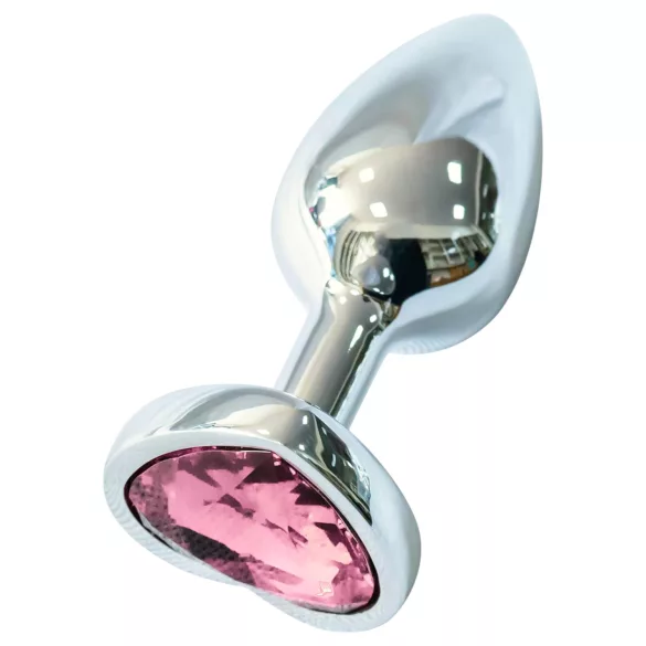 Sunfo - metall analtplugg med hjerteformet rosa stein (sølv)