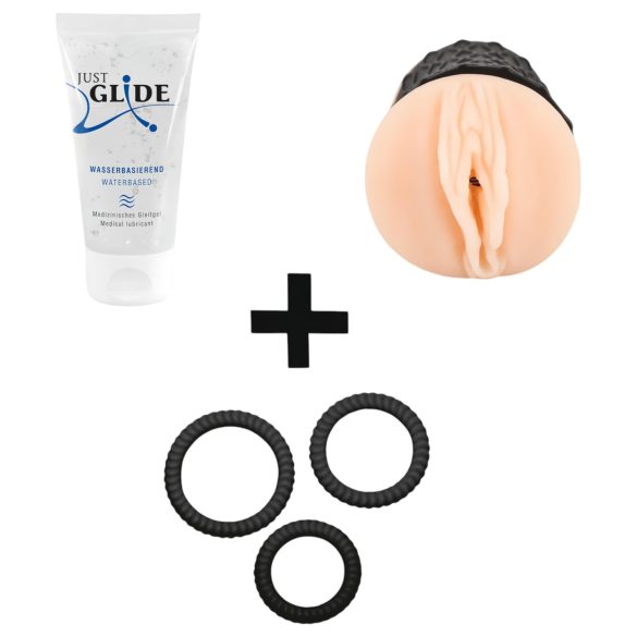 Perfekt startsett: masturbator, glidemiddel, penisring