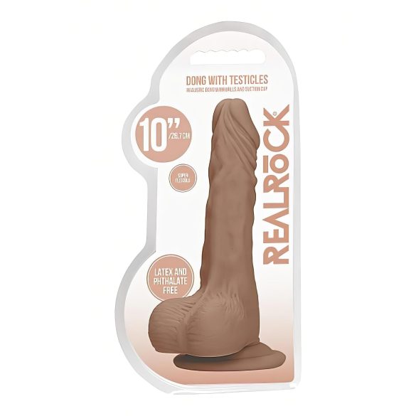 RealRock Dong 10 - naturtro dildo med testikler (25 cm) - mørk hudtone