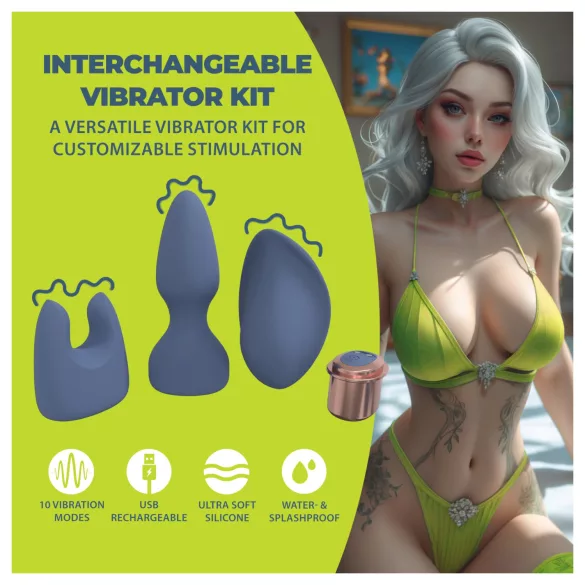 Loveline - vibratorsett med utskiftbart hode (blå-grå)