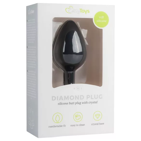 Easytoys Diamond - svart analplugg med hvit stein (medium)