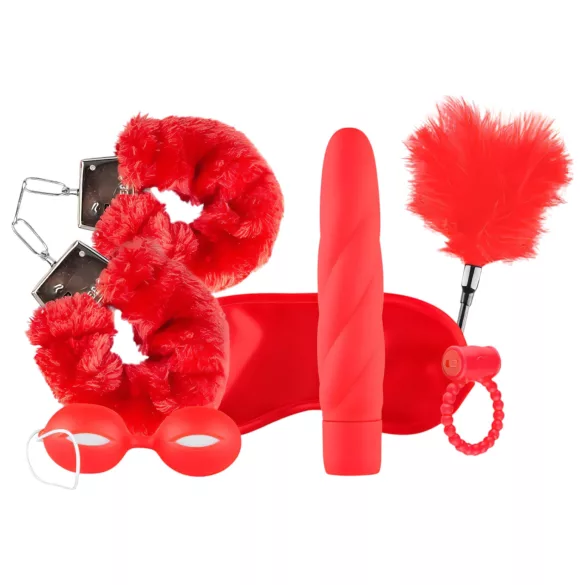 LoveBoxxx Jeg elsker Red - vibratorsett med binder (6 deler) - rød